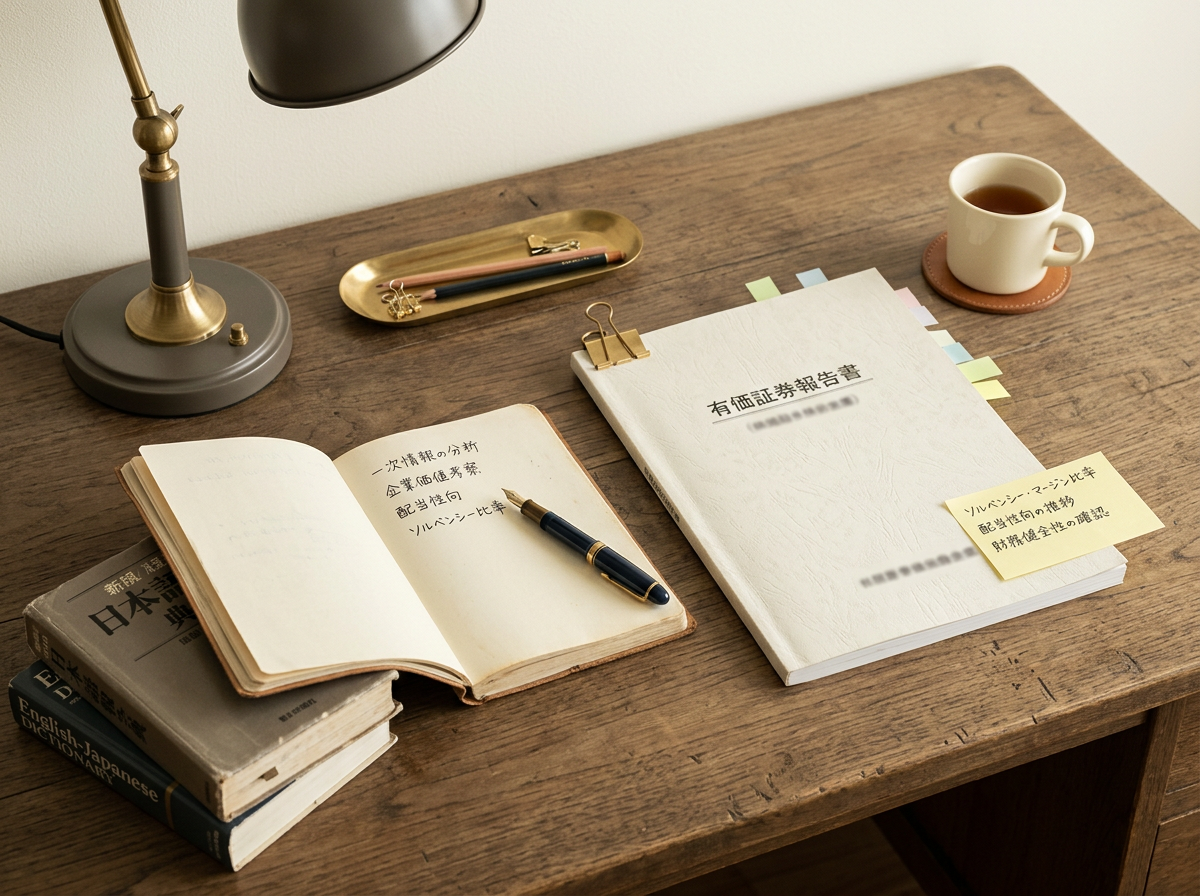 編集室の机に広げられた有価証券報告書と手書きのメモ、万年筆、落ち着いた照明