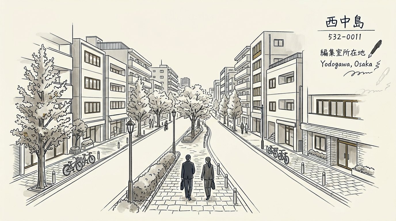 大阪府淀川区西中島のオフィス街の静かな情景。深墨と真鍮色を基調とした線画